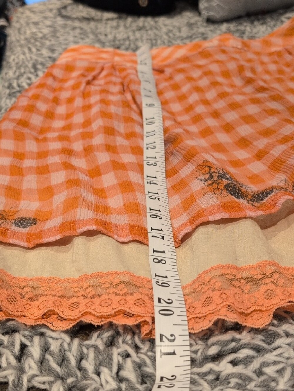 429 - Orange Gingham Mini Skirt • Y2K Cottagecore • Ruffle Hem Lace Trim • Retro - Picture 8 of 11